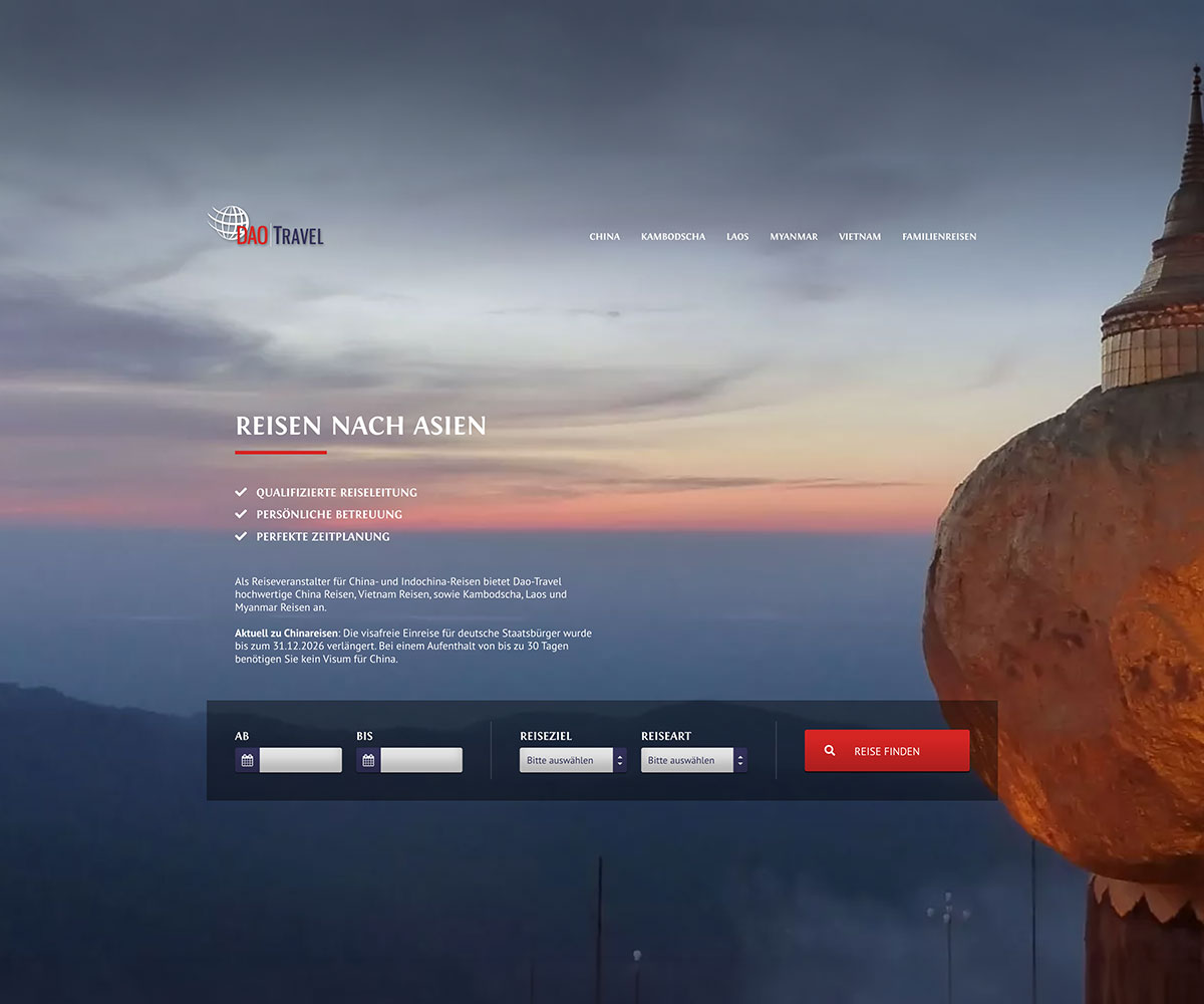 Screenshot der Startseite von DAO Travel