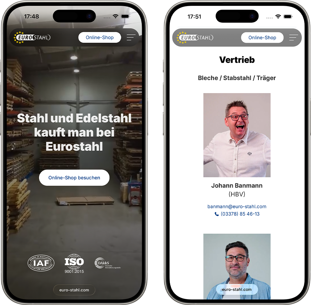 Mobile Ansicht der Euro Stahl-Website
