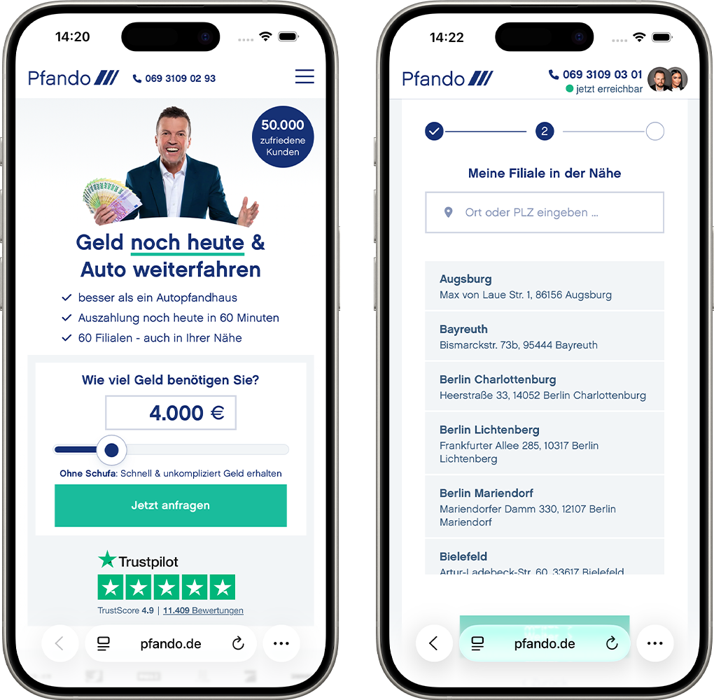 Mobile Ansicht der Website von Pfando