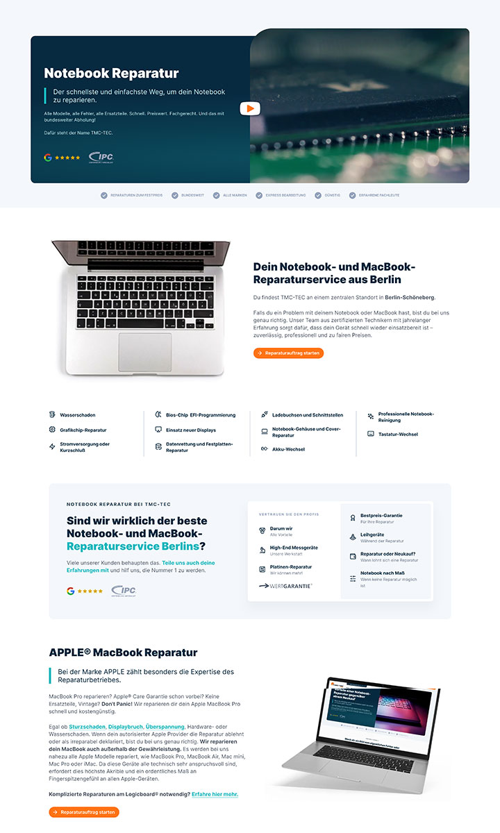 Desktop-Ansicht der Website von TMC TEC