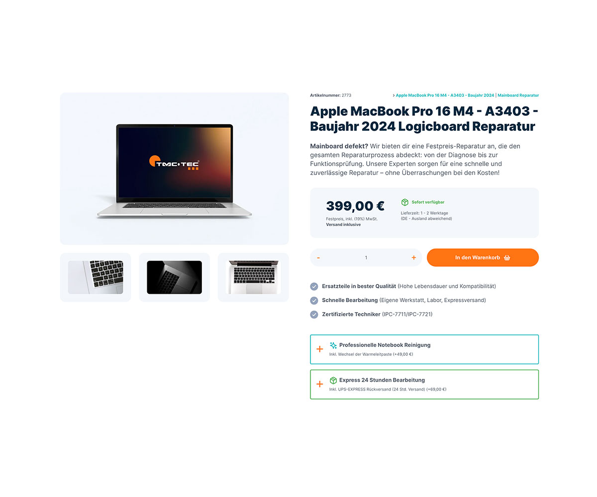 Screenshot des Online-Shops von TMC-TEC