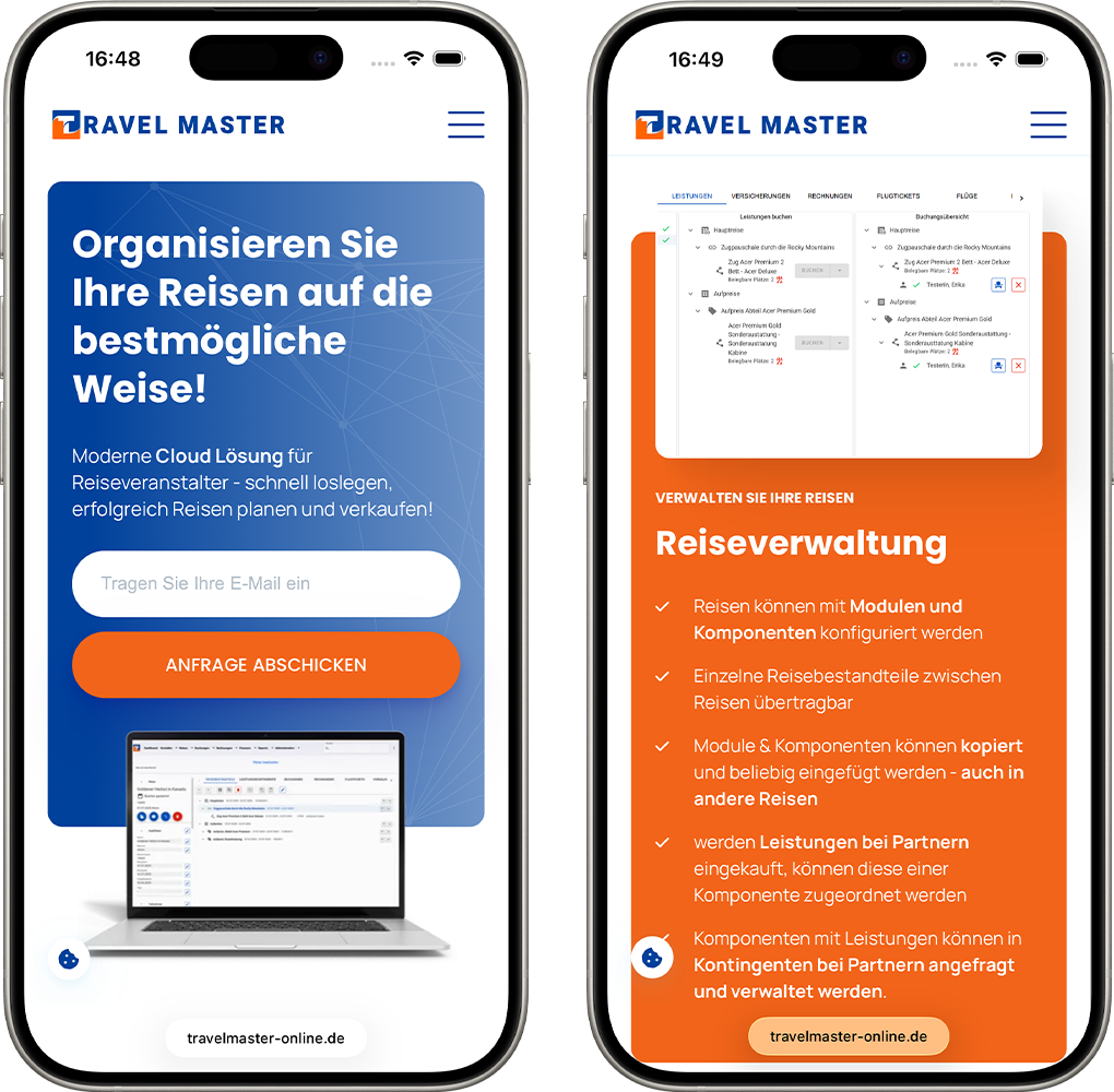 Mobilansicht der Travel Master Website