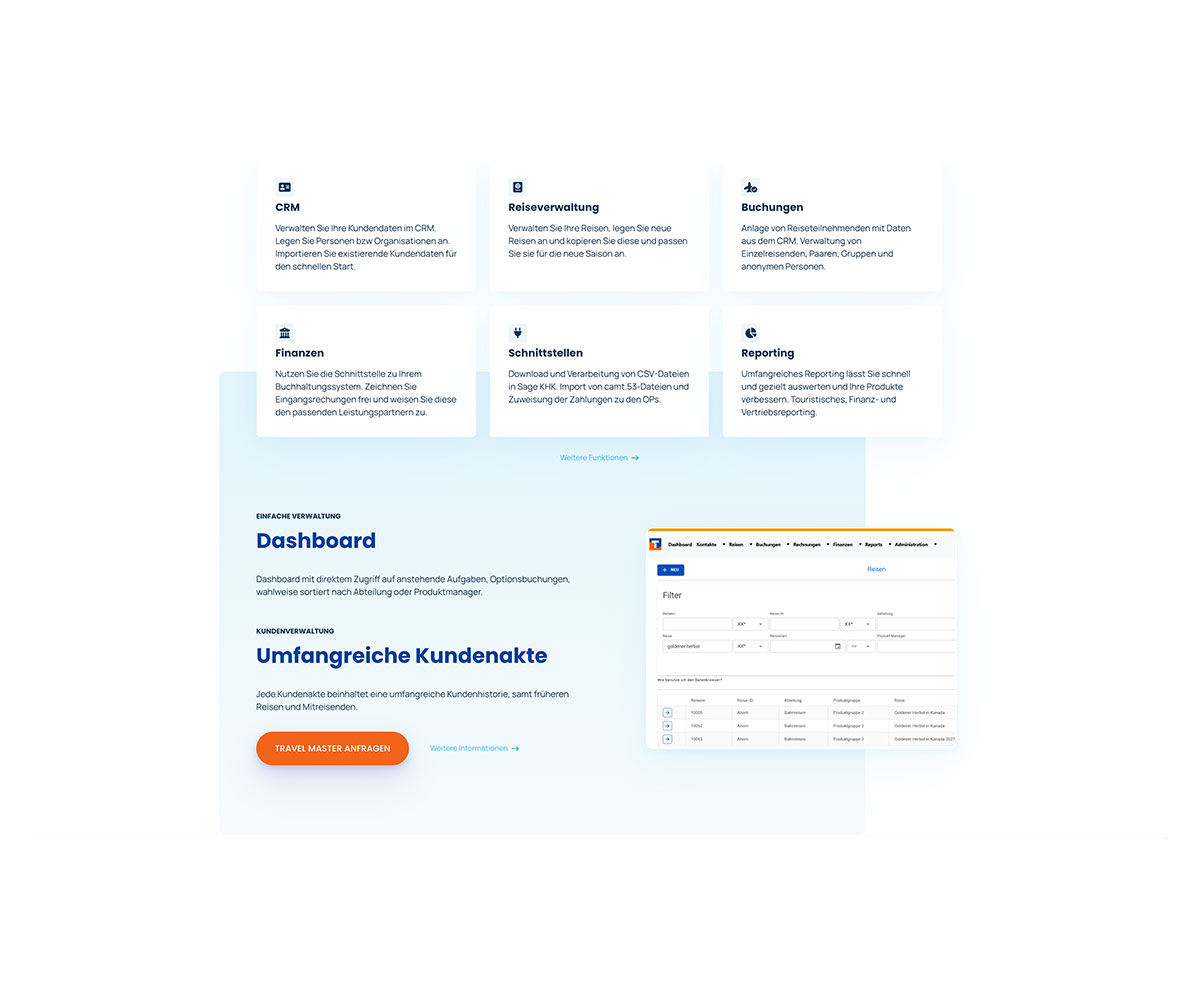 Software-Screenshot von der Travel Master Website